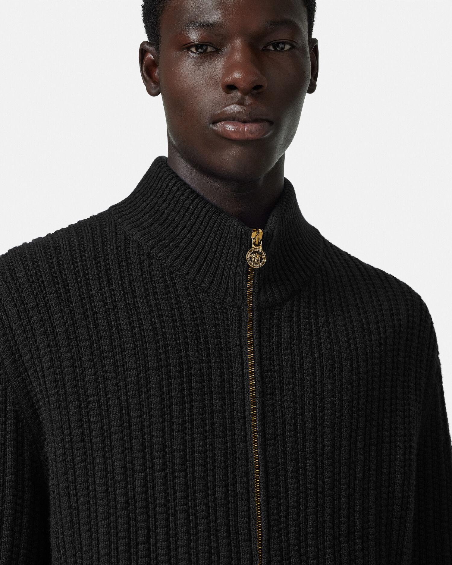 Embroidered Medusa Cable Knit Zip Sweater VERSACE RU