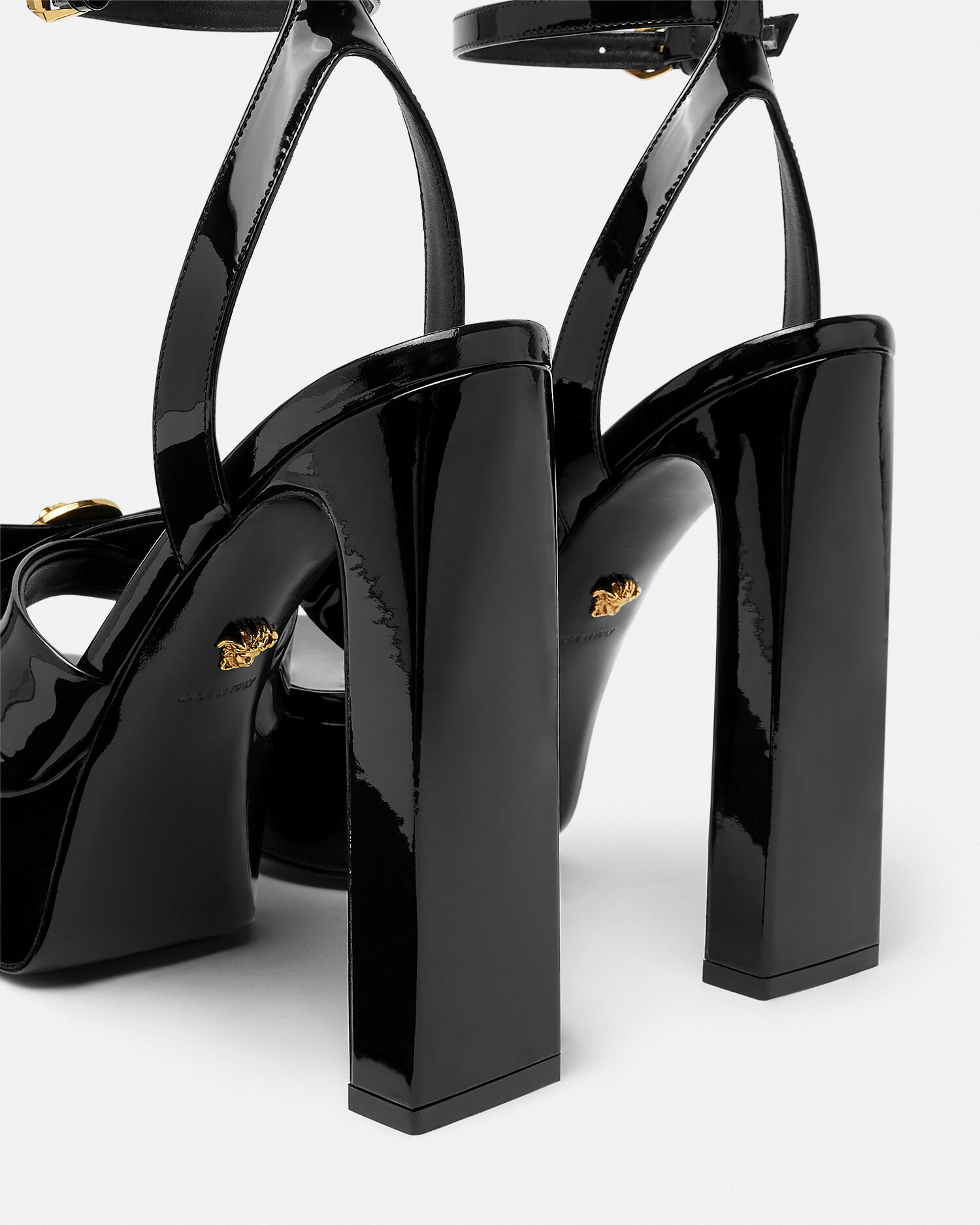 Gianni Ribbon Patent Sandals 140 mm Black,Gold | VERSACE