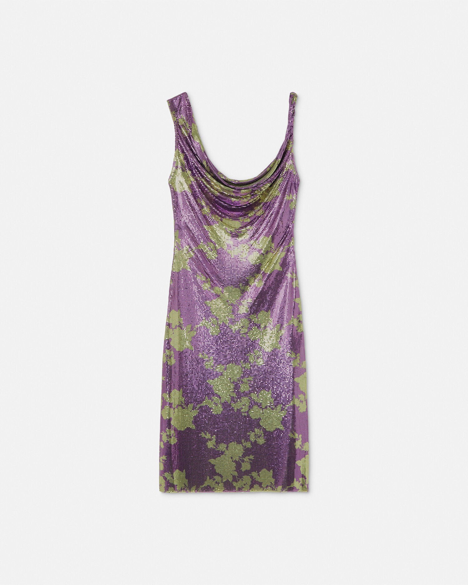 Wild Roses Metal Mesh Draped Midi Dress Purple,Yellow | VERSACE Wild Roses Metal Mesh Draped Midi Dress Purple,Yellow | VERSACE
