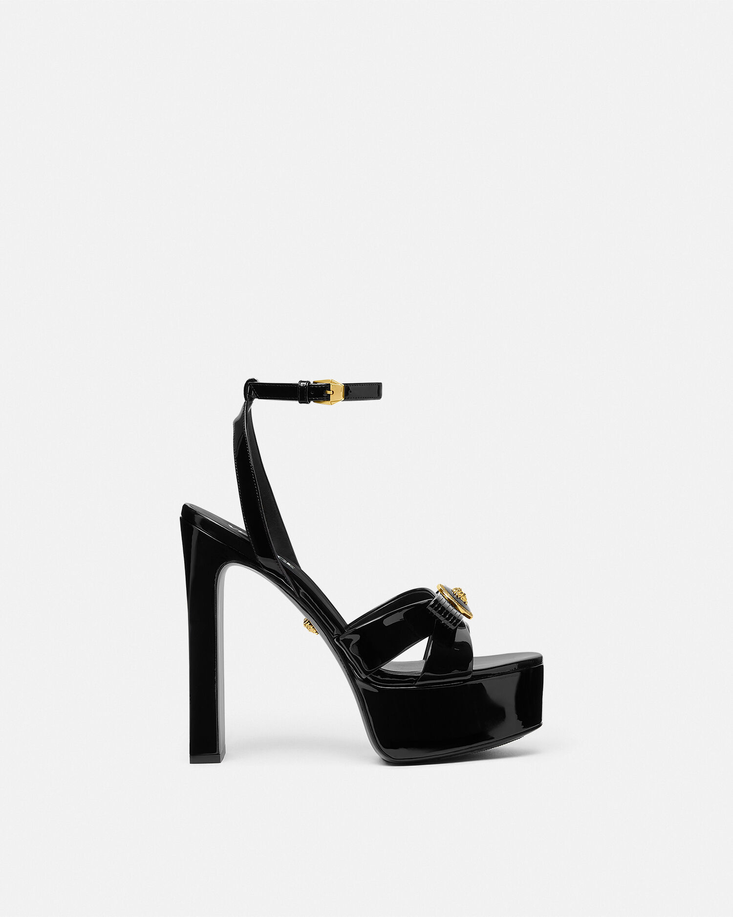 Gianni Ribbon Patent Sandals 140 mm Black,Gold | VERSACE